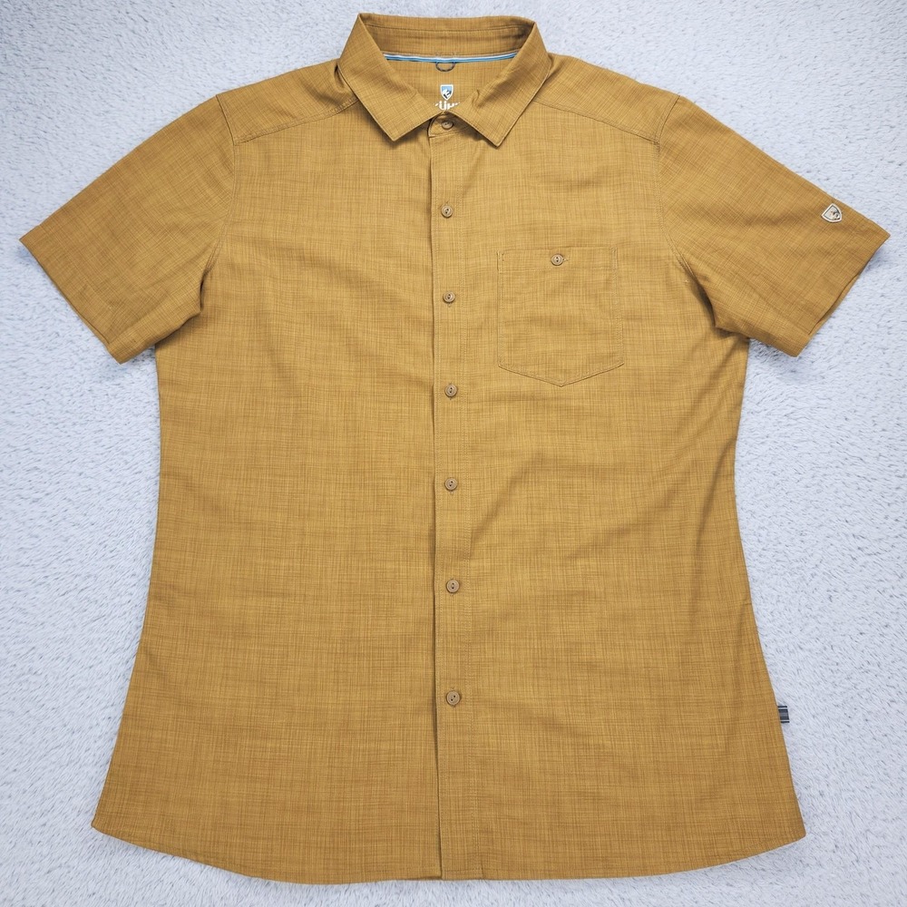 Kuhl Shirt Mens Small Brown Crosshatch Short Sleeve Button Up Polyester Casual